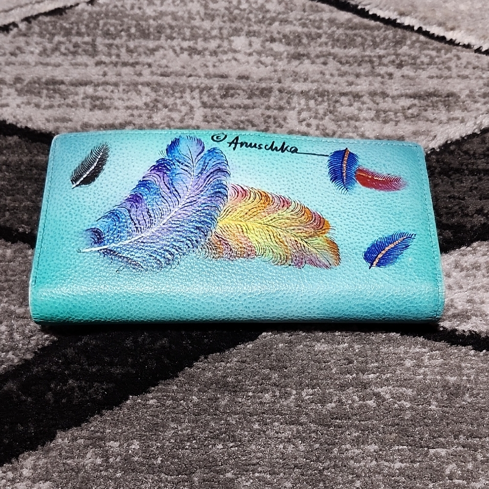ANUSCHKA GENUINE LEATHER FULL-GRAIN RFID-BLOCK HAND-PAINTED FEATHERS FLAP WALLET